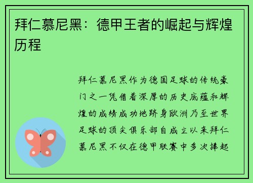 拜仁慕尼黑：德甲王者的崛起与辉煌历程
